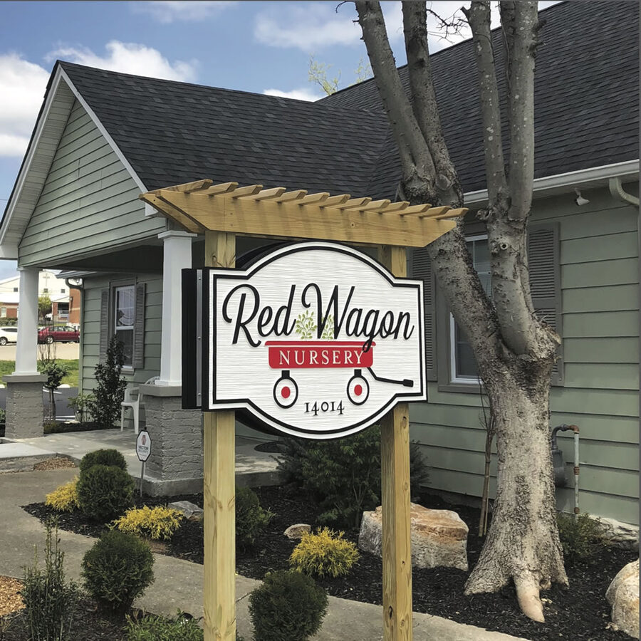 Red Wagon Nursery monument sign built by Ace Sign Company